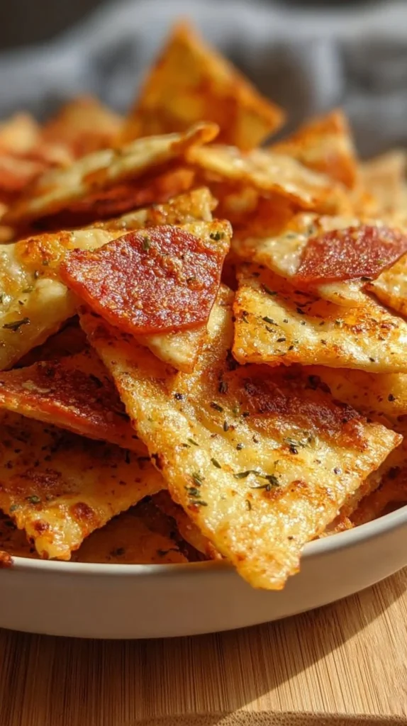 Delicious homemade 2 ingredient pizza chips ready to eat
