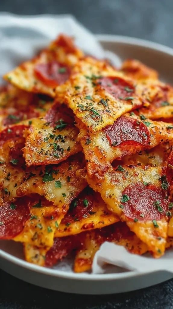 Crispy 2 ingredient pizza chips served in a bowl, ready for snacking.