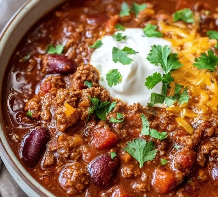 Delicious bowl of best beef chili topped with cheese and cilantro