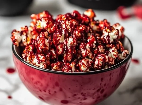 Bloody Red Velvet Popcorn treat in a bowl, showcasing its vibrant red color.