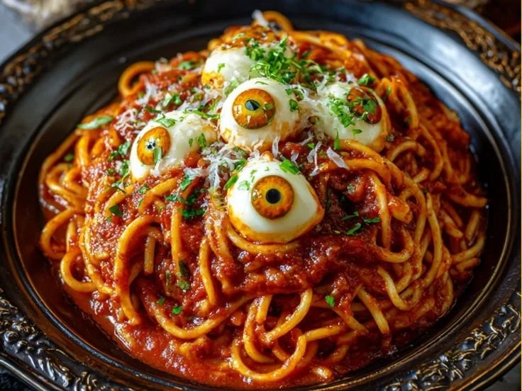 Bloody Spaghetti with Mozzarella Eyeballs served in a spooky Halloween setting