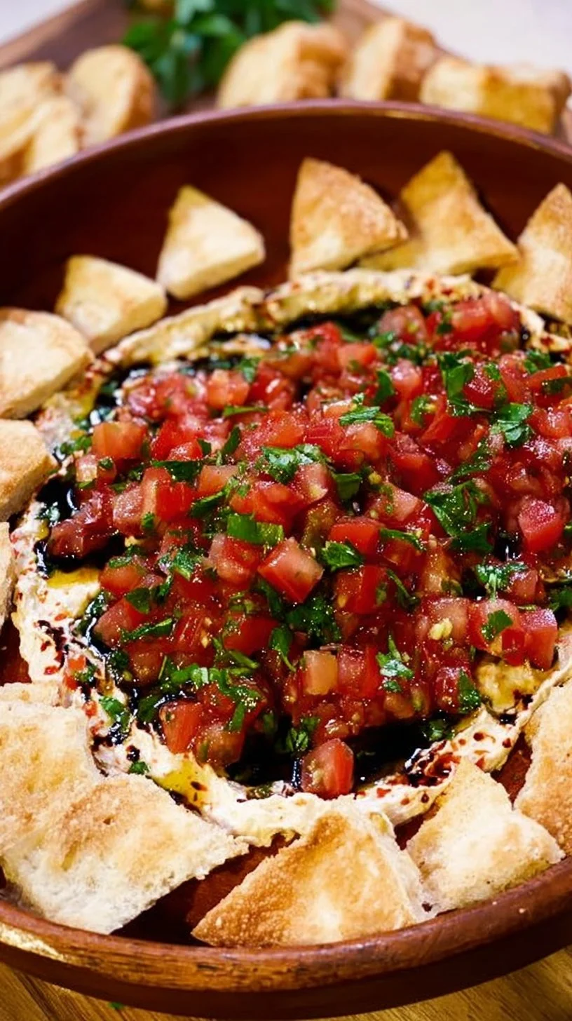 Delicious bruschetta dip served with bread for dipping