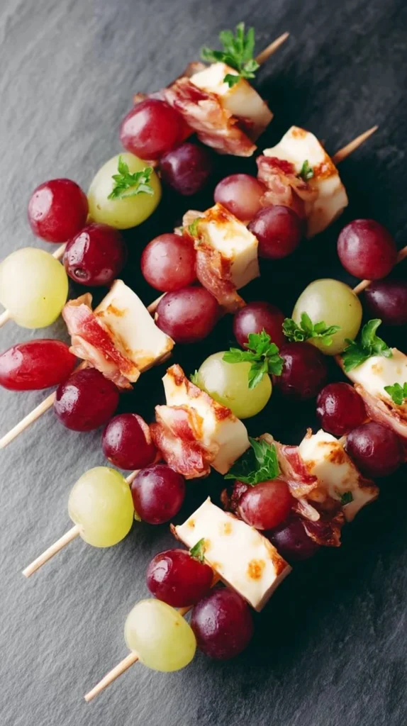 Cheese and Grape Skewers arranged on a serving platter
