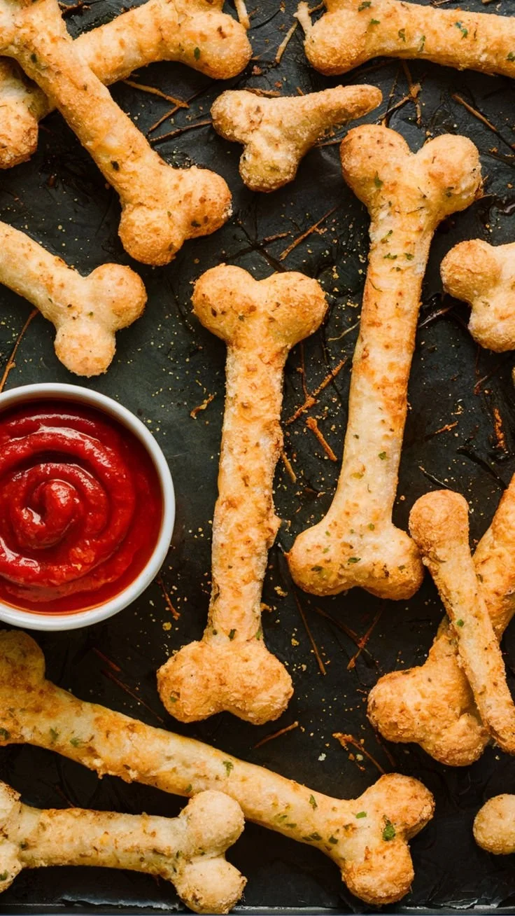 Cheesy Halloween Breadstick Bones 1 Cheesy Halloween breadstick bones shaped like spooky skeletons