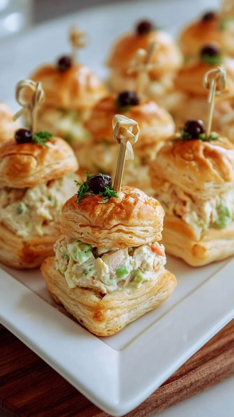 Delicious chicken salad puffs served on a platter with fresh herbs.