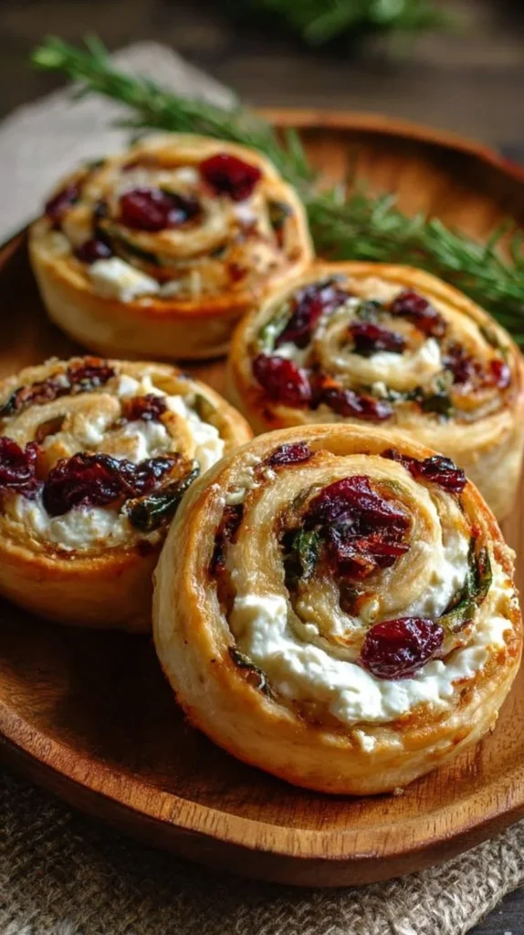Cranberry feta pinwheels with cream cheese on a platter