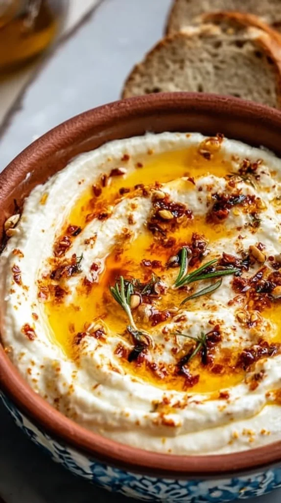 Delicious ricotta dip topped with hot honey served in a bowl