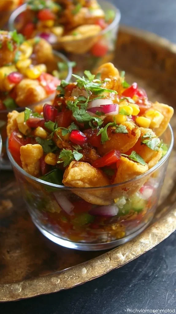 A plate of delicious samosa chaat topped with yogurt, chutney, and spices.
