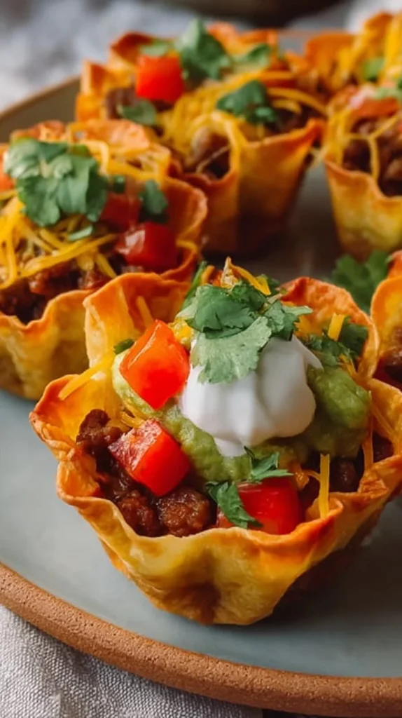 Delicious easy taco cups filled with seasoned meat and toppings in crispy shells