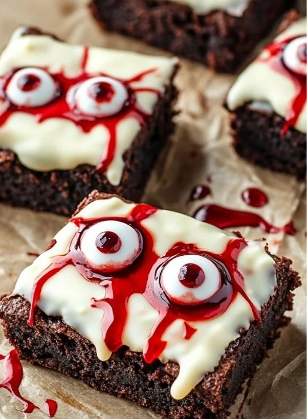 Delicious Eyeball Brownies decorated with spooky edible eyeballs for Halloween.