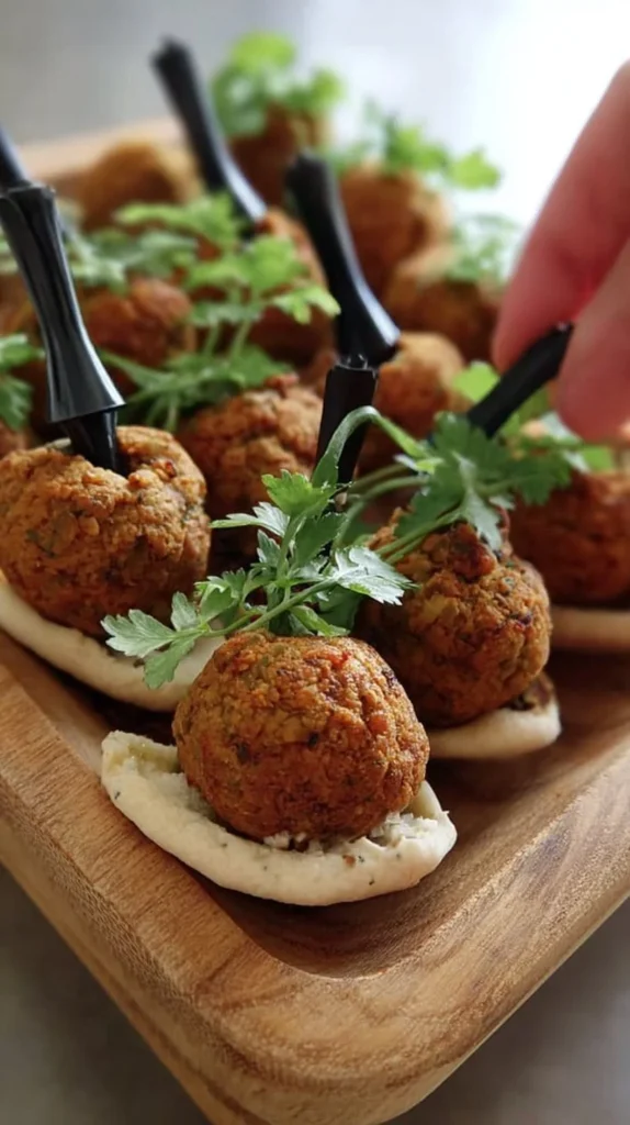 Delicious falafel bites with tahini pipettes for dipping
