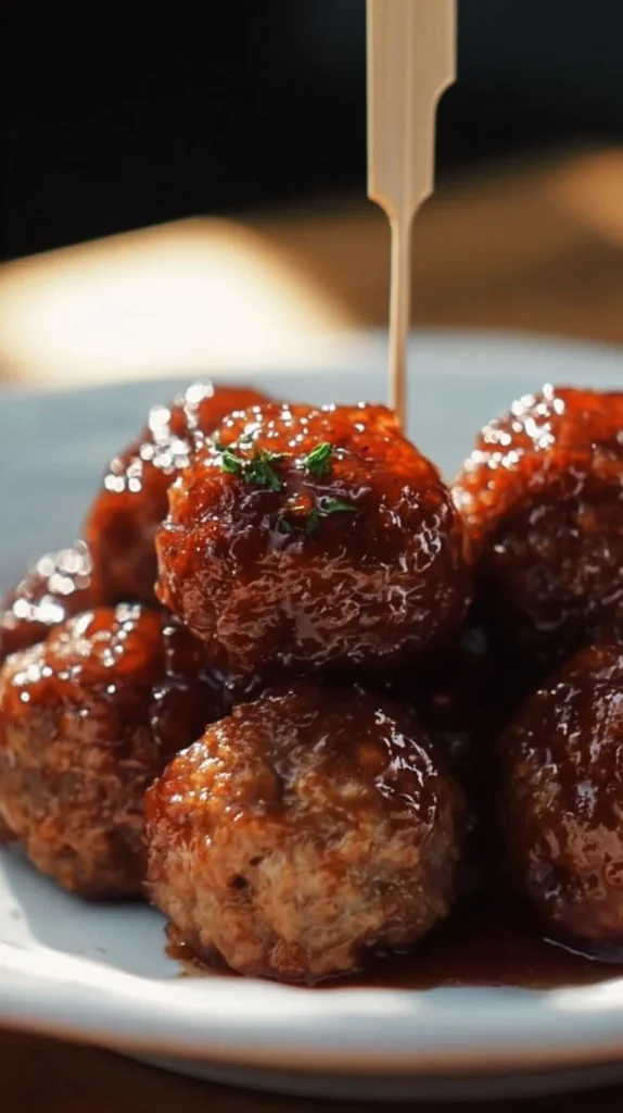 Delicious grape jelly meatballs served on a platter for a tasty appetizer.