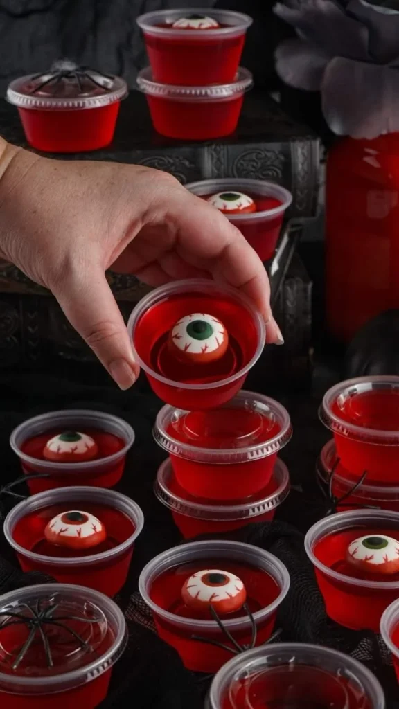 Halloween-themed eyeball jello shots served in cups