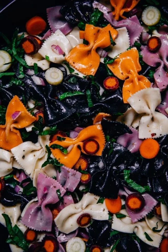 Colorful Halloween Pasta Salad with spooky toppings and festive presentation
