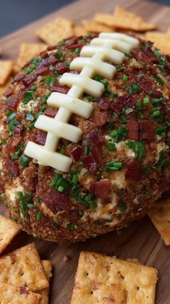 Jalapeño Popper Football Cheese Ball served on a platter.