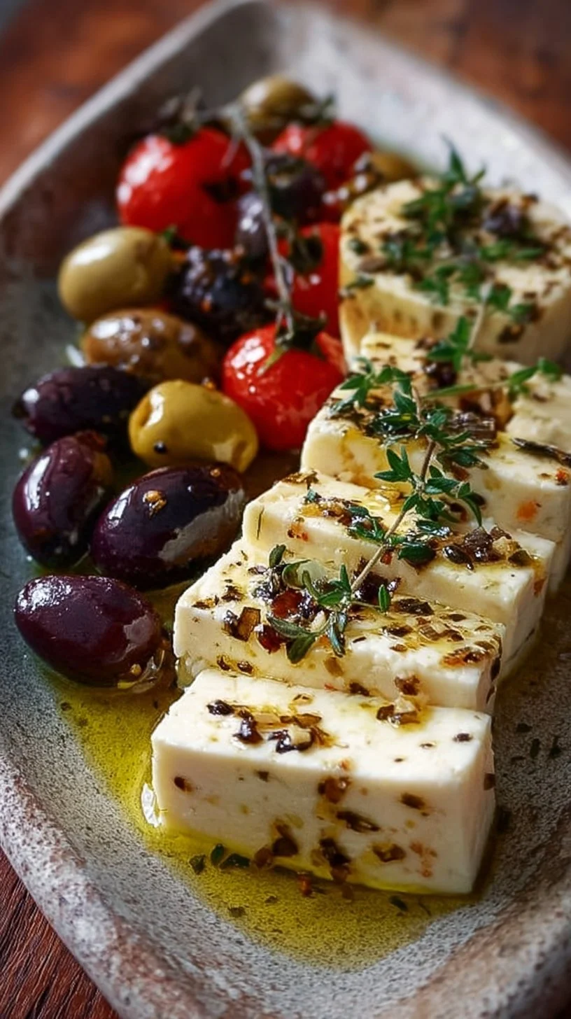 Delicious marinated cheese served with olives in a rustic dish