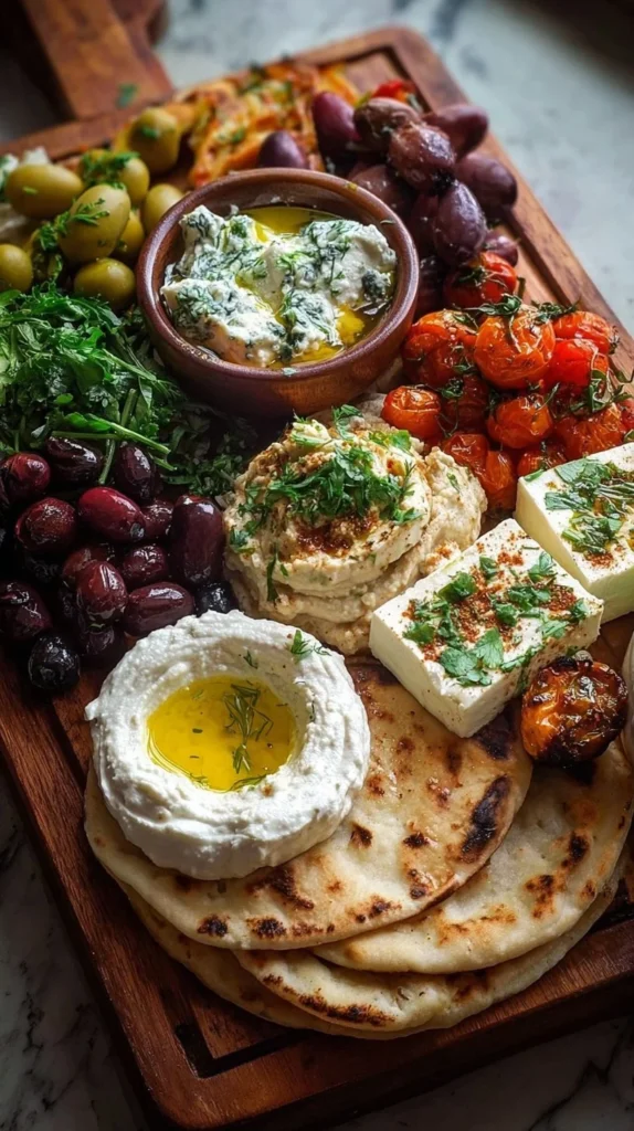 Mediterranean brunch board featuring dips and flatbreads for a festive meal.