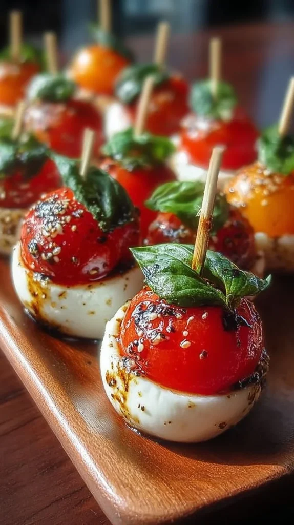 Plate of mini Caprese bites with fresh tomatoes, mozzarella, and basil
