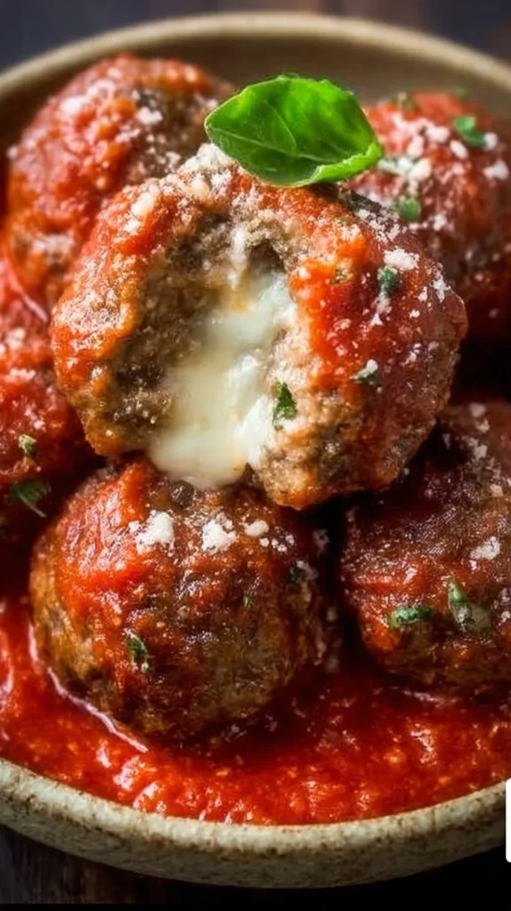 Delicious mozzarella stuffed meatballs with melted cheese inside