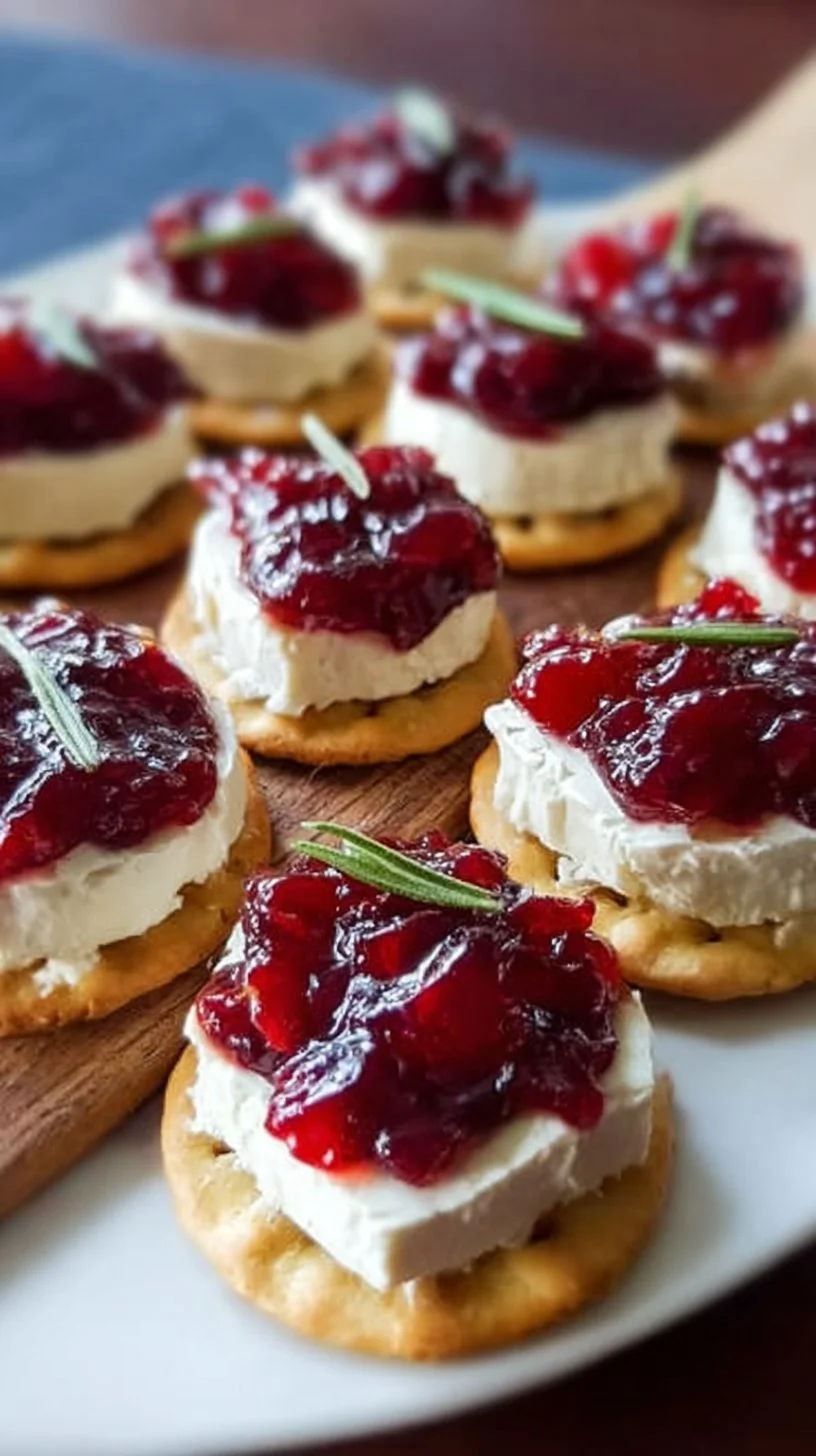 No-Bake Cranberry Brie Bites 1 No-bake cranberry brie bites appetizer with fresh cranberries and melted cheese.