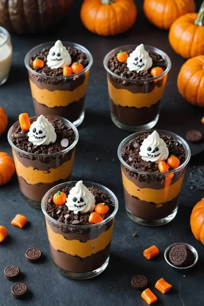 Delicious Pumpkin Patch Dirt Cups with cookies and candy in a festive cup