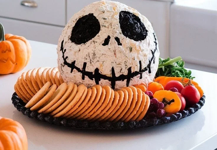 Skellington cheese ball appetizer served at a Halloween party