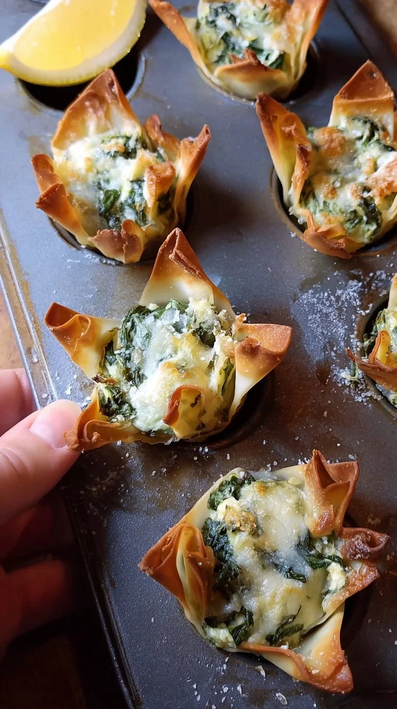 Delicious spinach and artichoke wonton cups served on a platter.