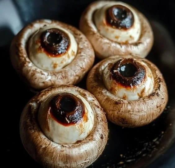 Delicious stuffed mushroom eyeballs with spooky decorations for Halloween.
