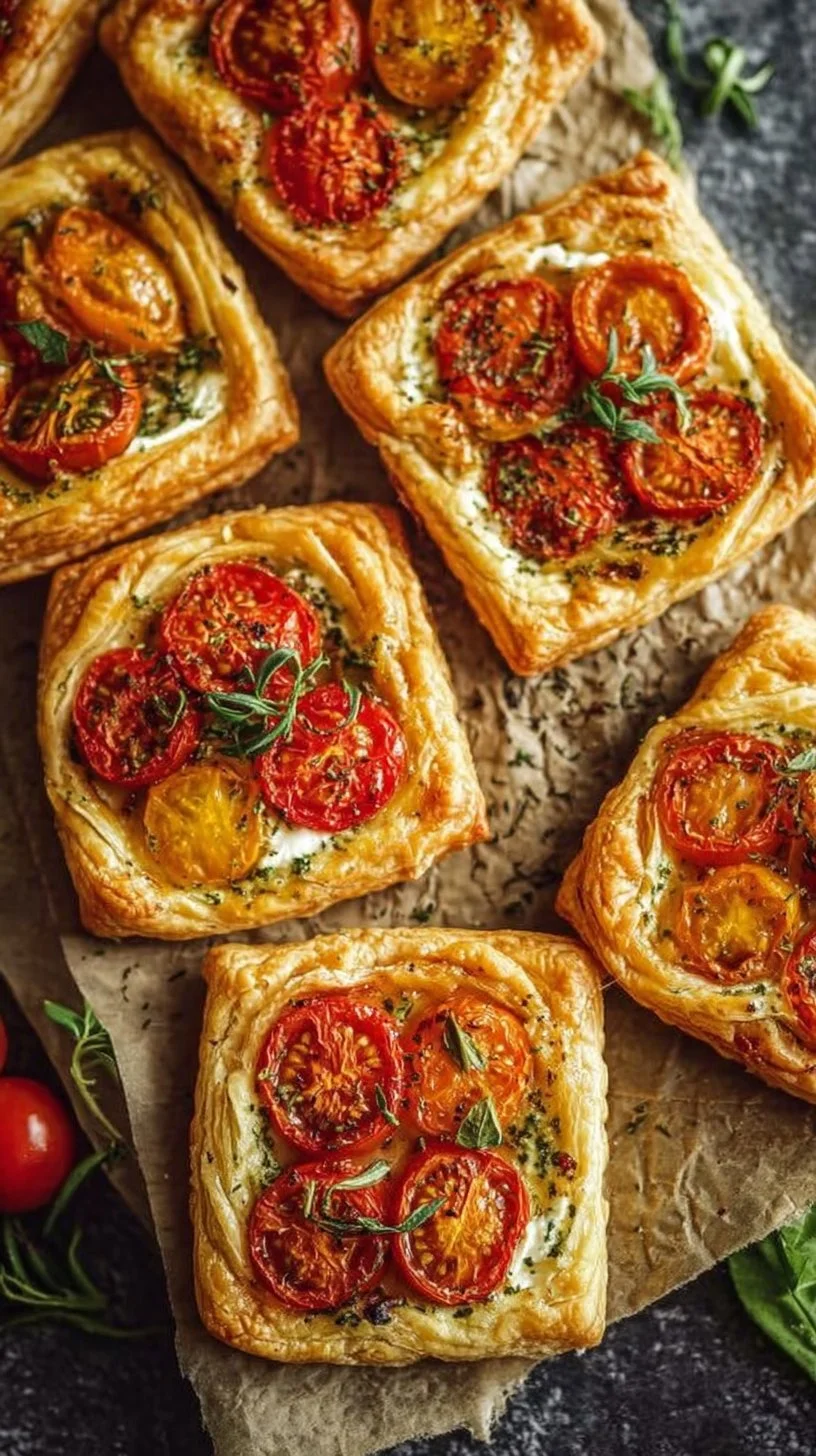 Tomato Tartlets with Puff Pastry 1 Savory tomato tartlets made with puff pastry served on a rustic plate
