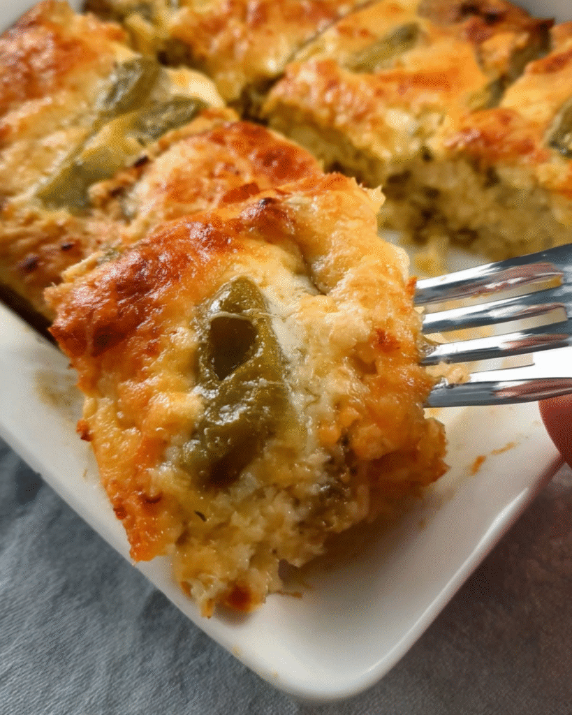 Delicious Hatch Chile Relleno Casserole topped with cheese and fresh herbs
