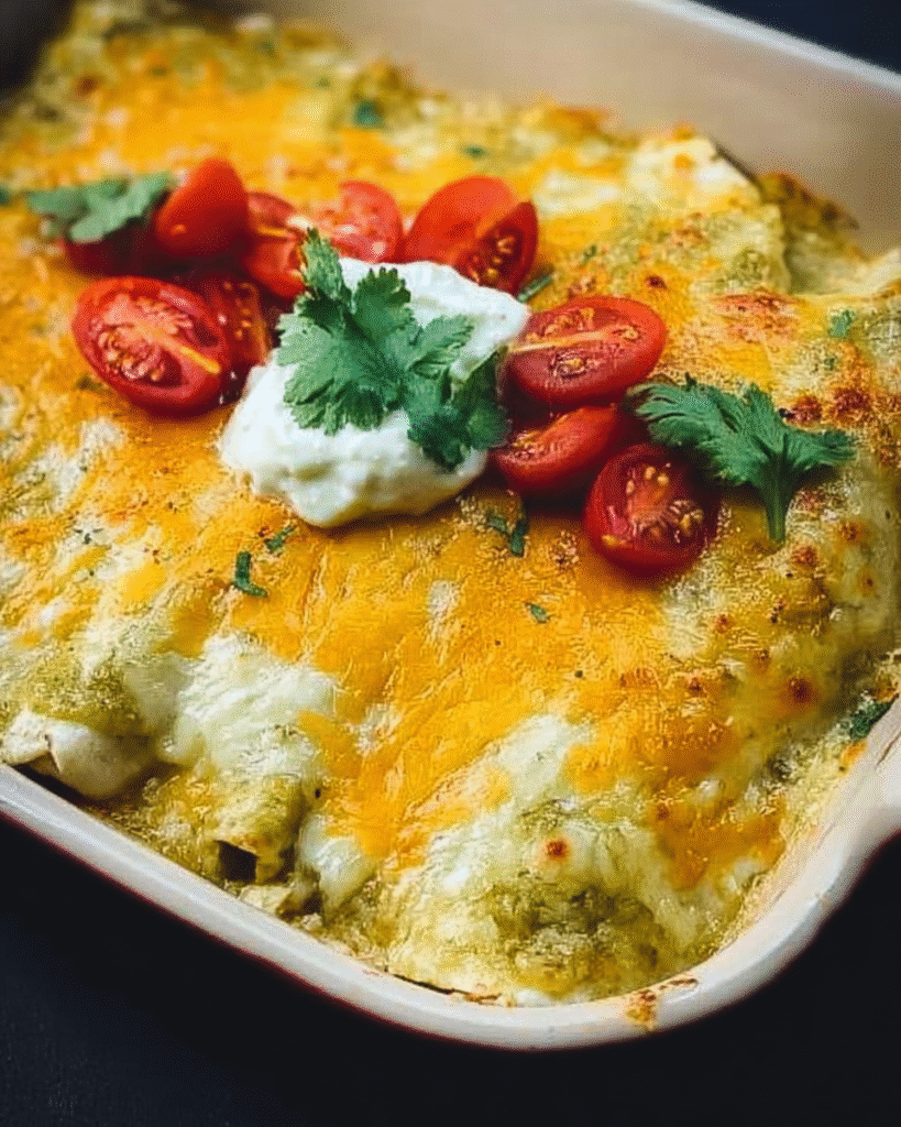 Plate of delicious Green Chile Chicken Enchiladas topped with green sauce and cheese