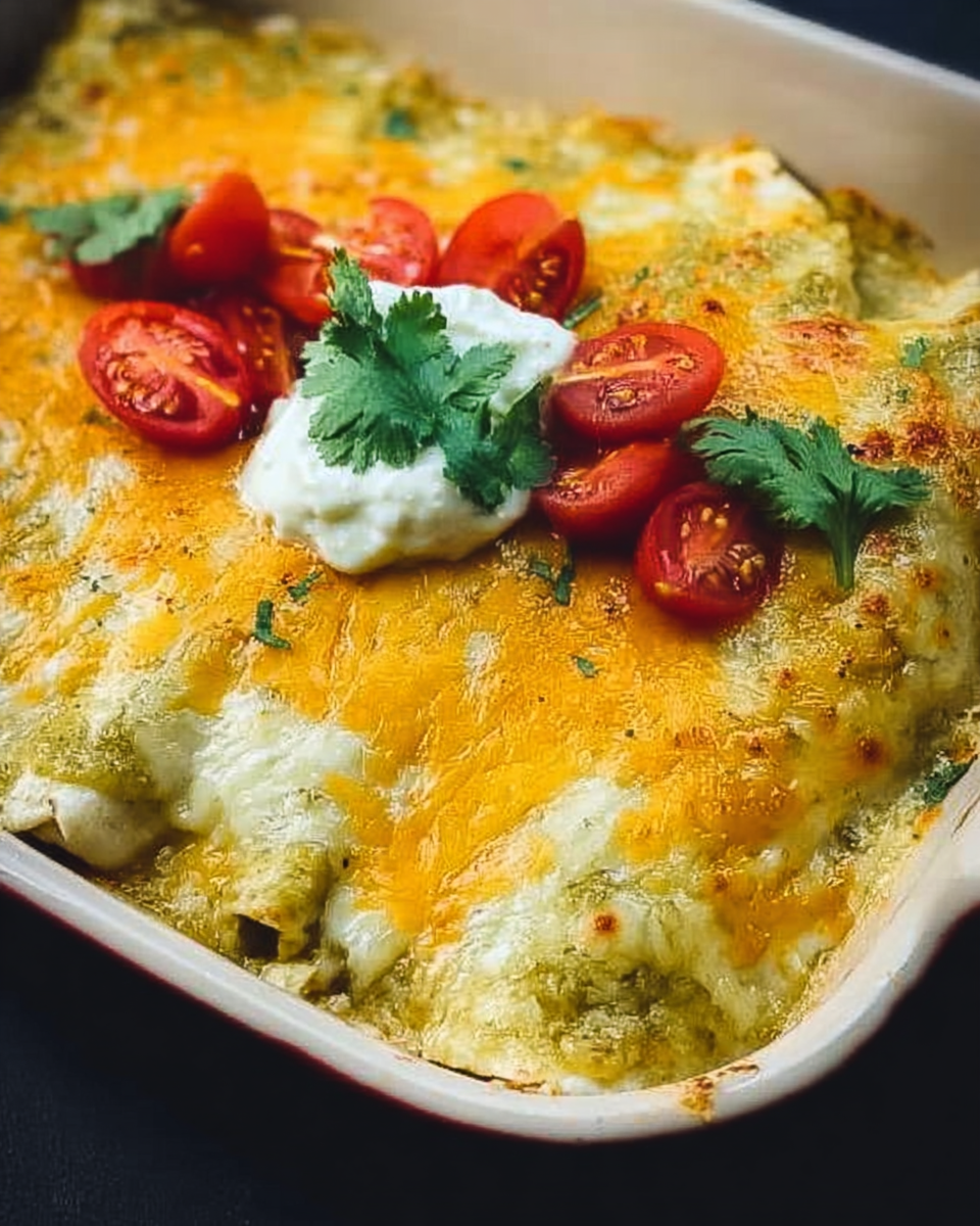 Plate of delicious Green Chile Chicken Enchiladas topped with green sauce and cheese