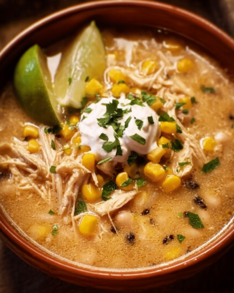 Bowl of creamy cheesy chicken white chili topped with herbs and cheese