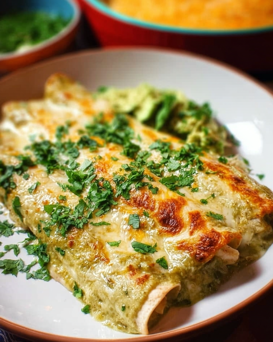 Plate of delicious Green Chile Chicken Enchiladas topped with green sauce and cheese