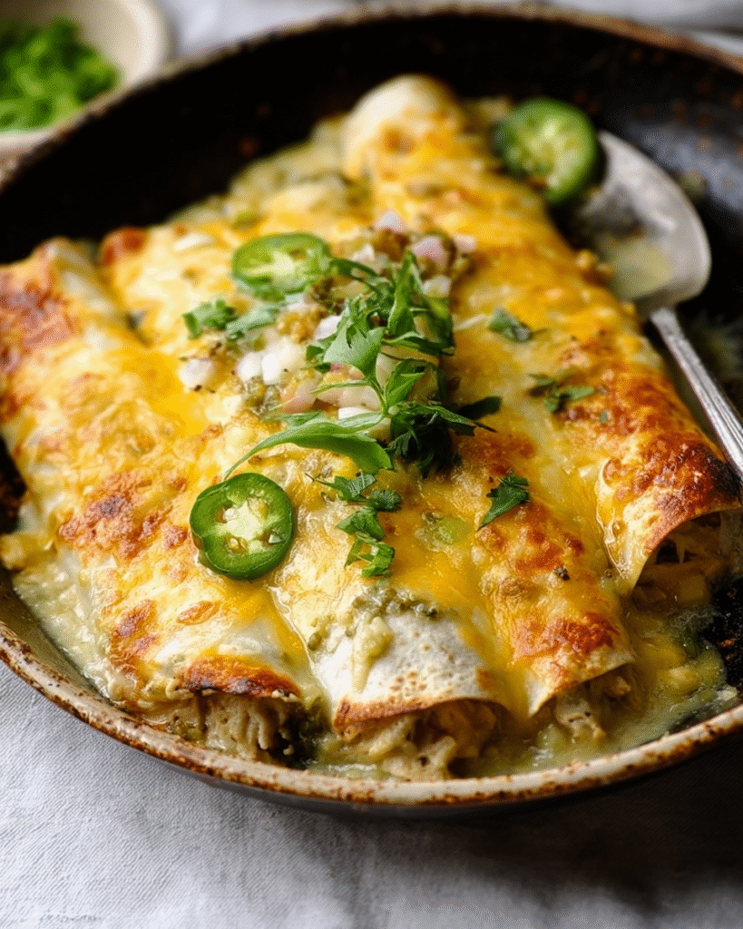 Plate of Green Chile Chicken Enchiladas garnished with cilantro and served with sour cream