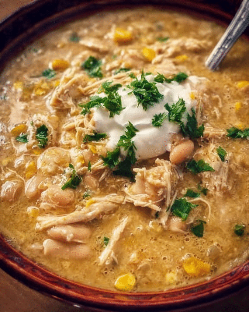 Bowl of white chicken chili garnished with cilantro and lime