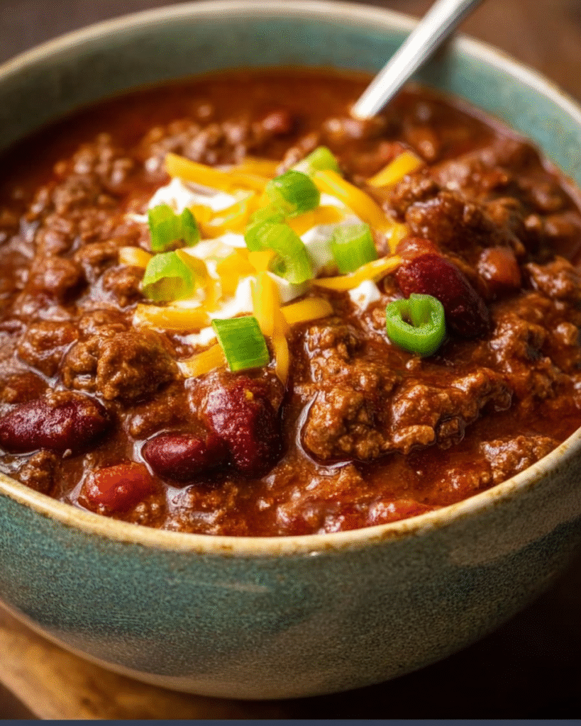A bowl of The Pioneer Woman chili topped with cheese and herbs.