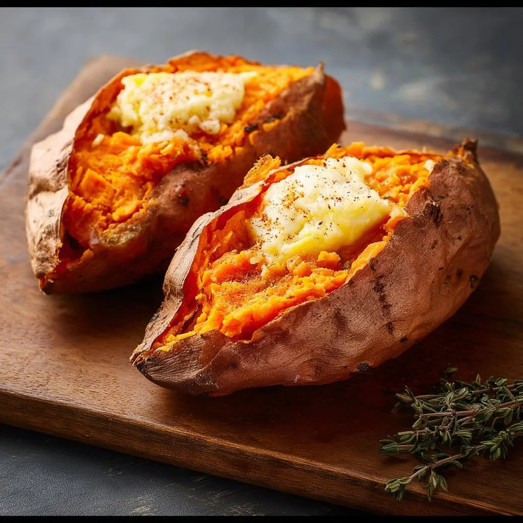 A perfectly baked sweet potato on a rustic wooden table ready to be served.