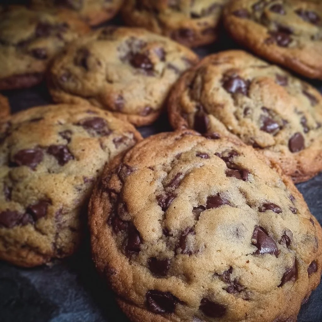 Freshly baked chocolate chip cookies on a baking sheet
