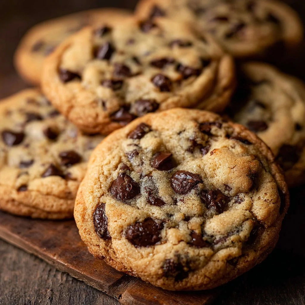 Freshly baked chewy chocolate chip cookies stacked on a plate