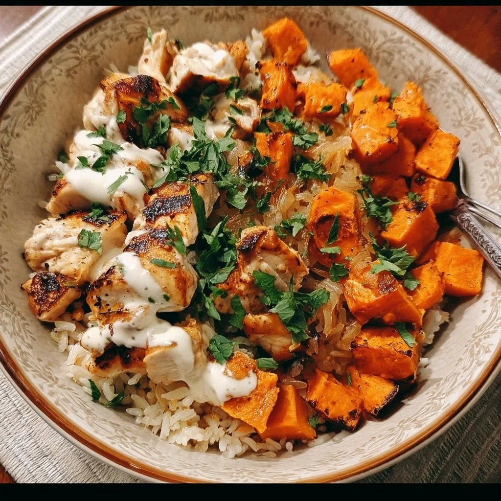 Delicious Chicken and Sweet Potato Rice Bowl with vibrant vegetables
