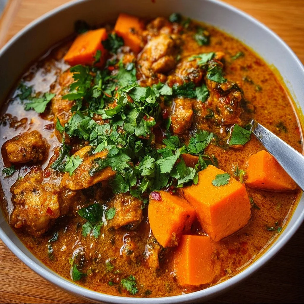 Bowl of chicken sweet potato curry garnished with fresh herbs