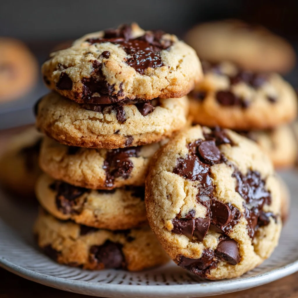 Delicious chocolate chip cheesecake cookies on a marble countertop.