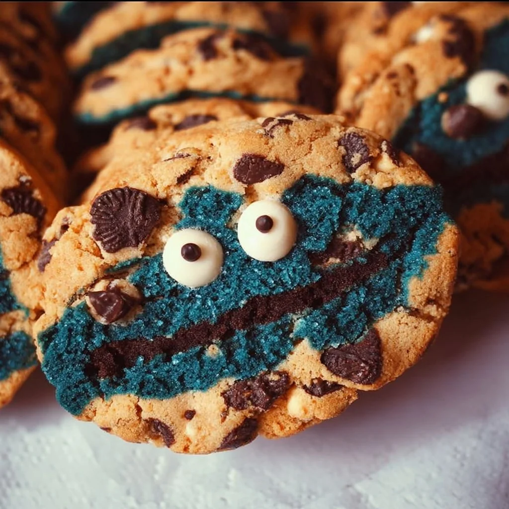 Plate of colorful Cookie Monster Cookies with blue frosting and chocolate chips
