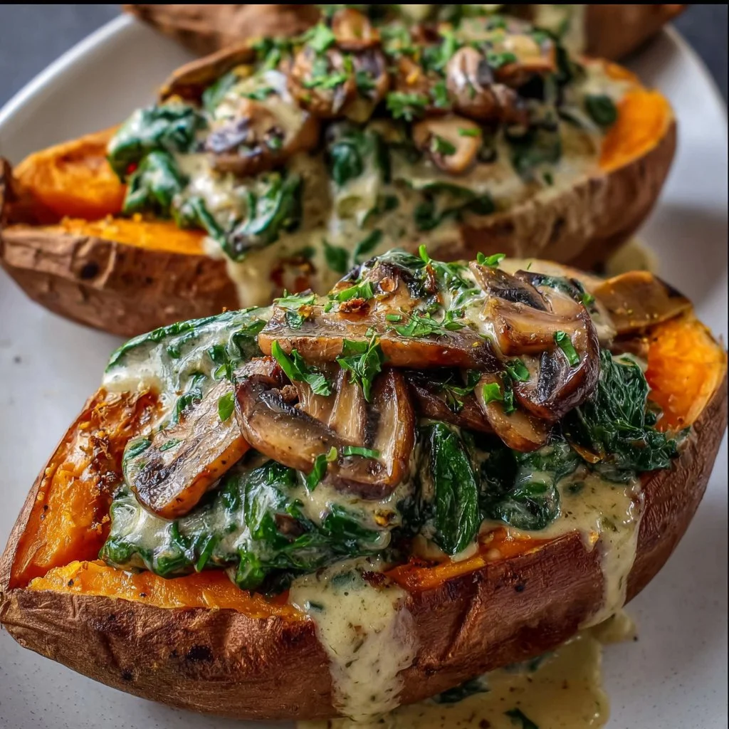 Creamy mushroom and spinach stuffed sweet potatoes garnished on a plate
