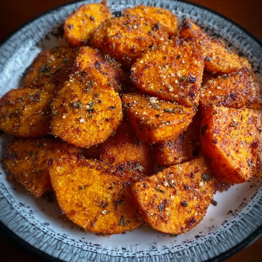 Crispy air-fried sweet potatoes served in a bowl garnished with herbs