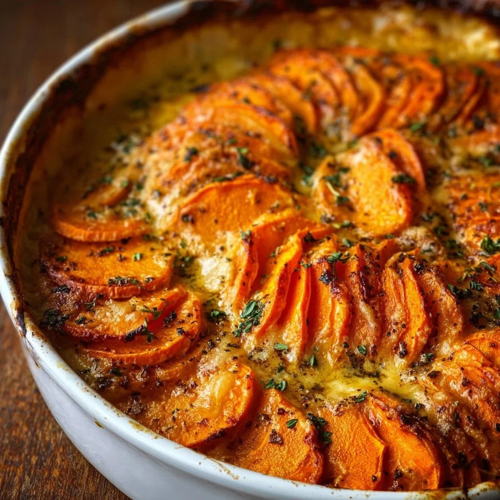Delicious easy scalloped sweet potatoes served in a baking dish