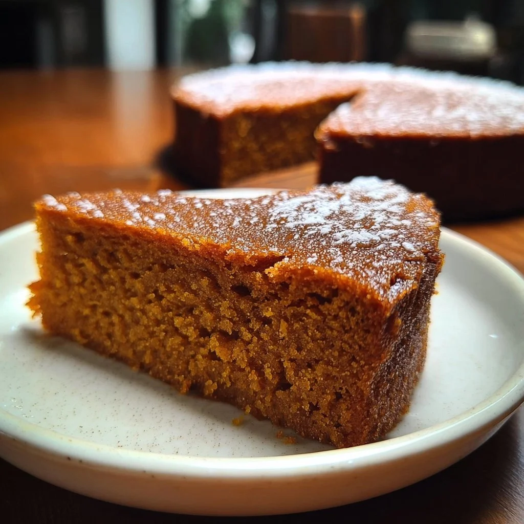 Flourless sweet potato ginger cake topped with spices and served on a platter