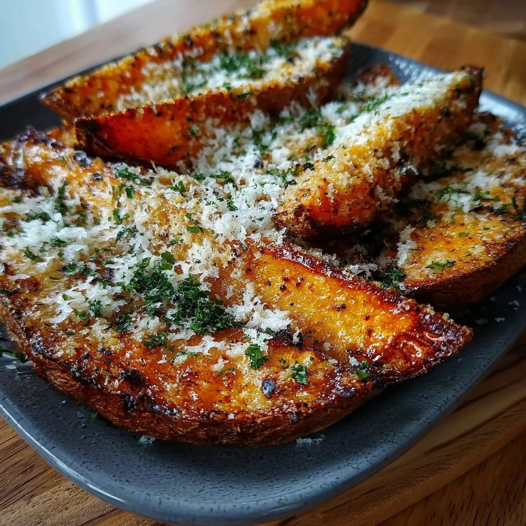 Delicious Garlic Parmesan Sweet Potato Wedges served in a bowl
