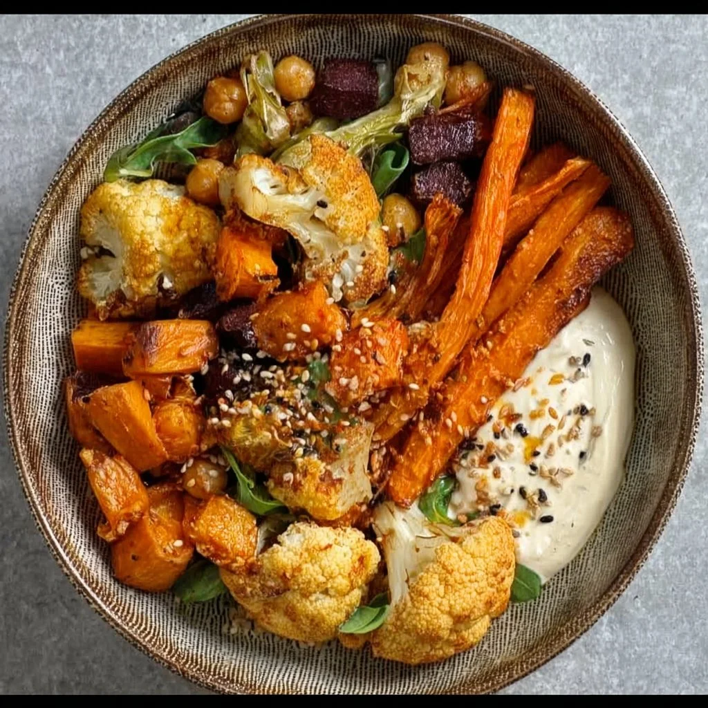 Glow Bowl with roasted veggies and tahini yogurt sauce.